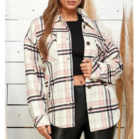 Boho Western Pink Black Plaid Flannel Shirt Jacket Shacket Outerwear - Picture 3 of 6